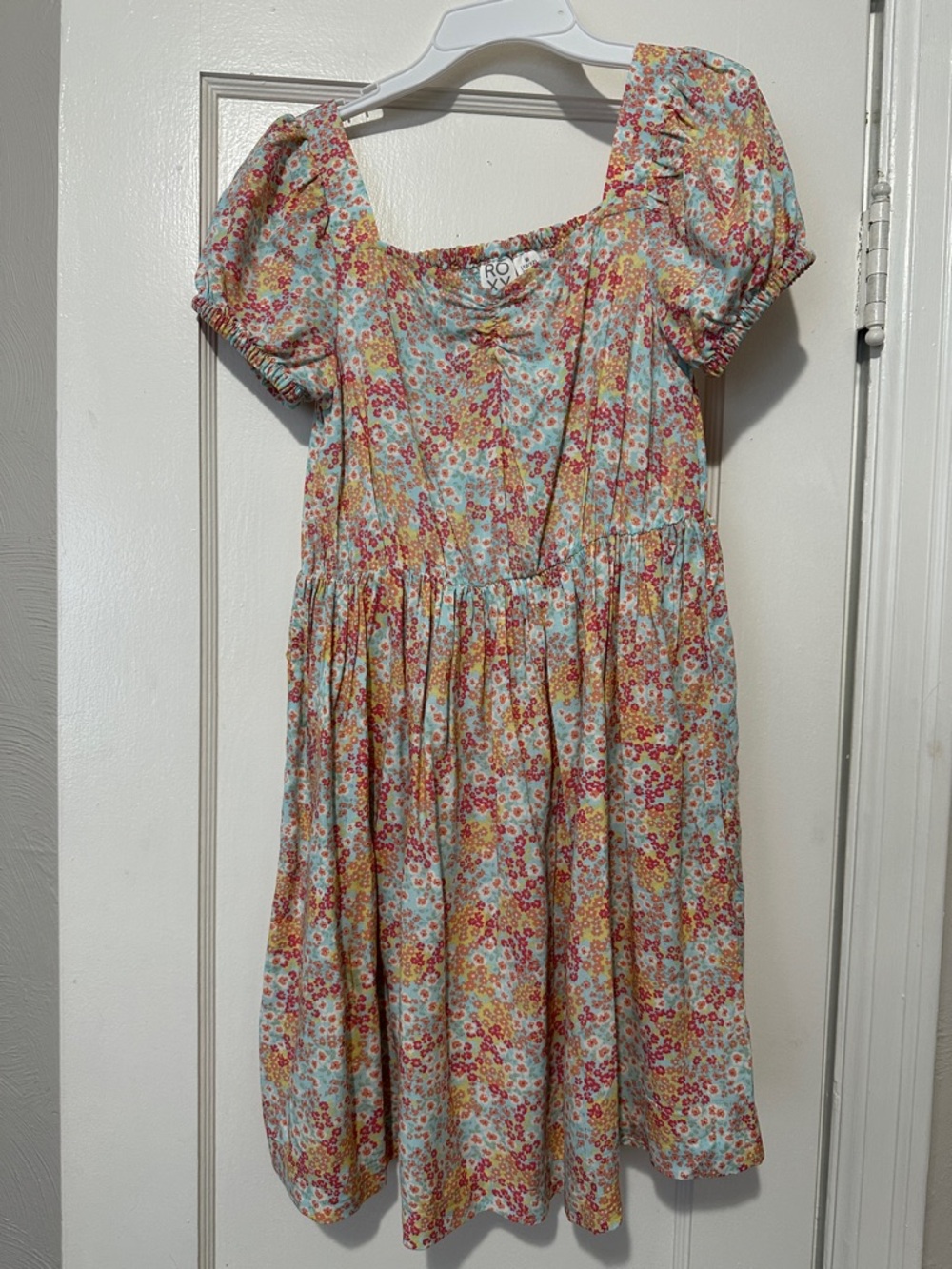 Roxy Girls' Floral Puff-Sleeve Dress - Blue, Yellow, Pink